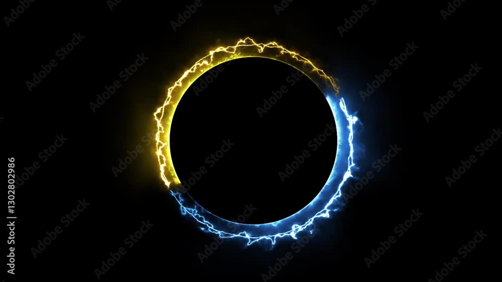 Electric blue and yellow lightning energy circle on black background