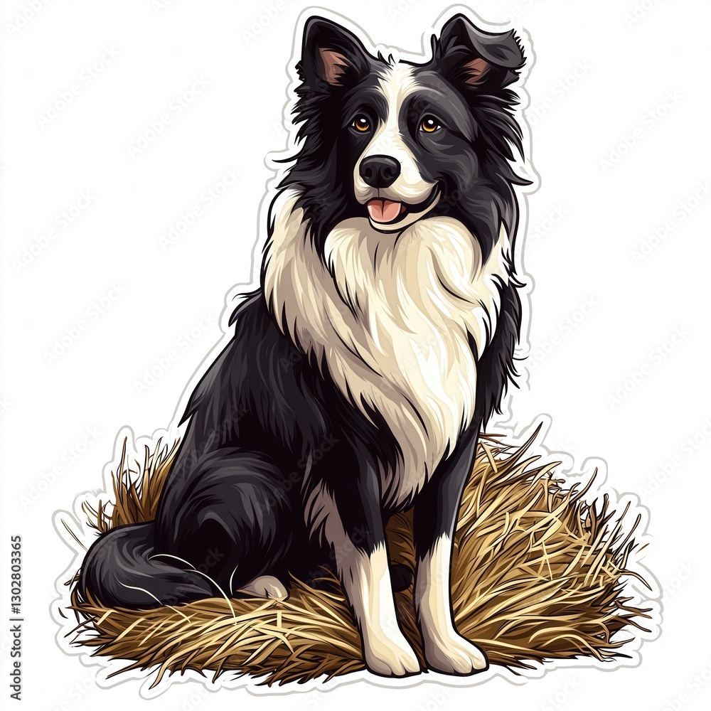 Fototapeta premium Vector Illustration of a Border Collie Sitting on Hay, with Sticker Logo, on Clean White Background