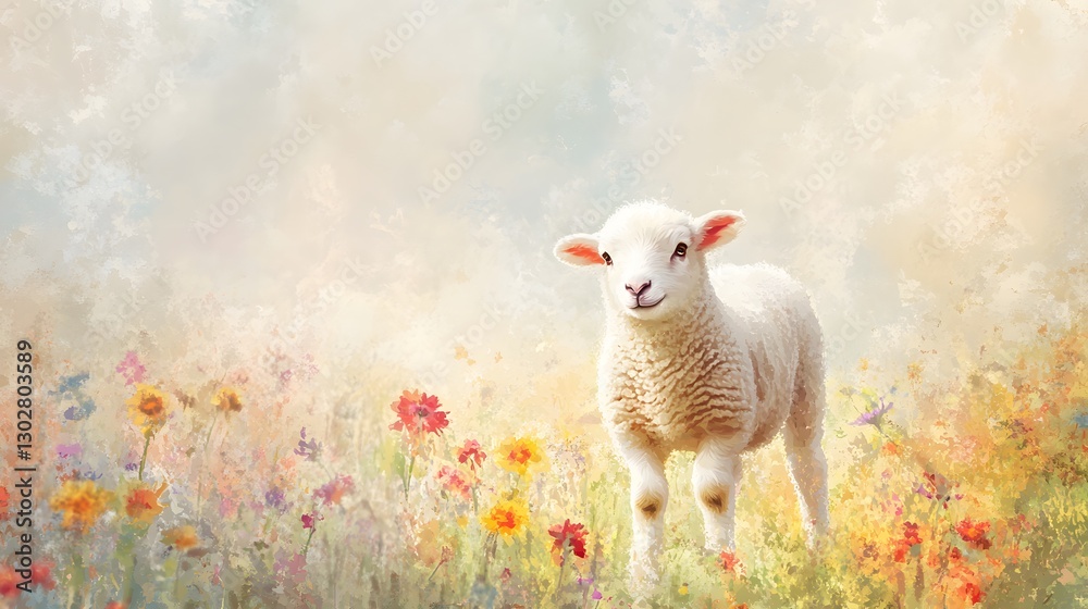 Fototapeta premium Cute Lamb Standing in Colorful Flower Field on Bright Daylight