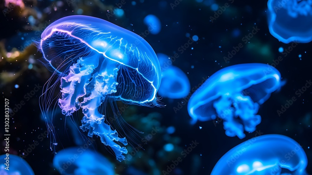 Naklejka premium Ethereal Jellyfish Floating in Deep Blue Ocean Waters at Night