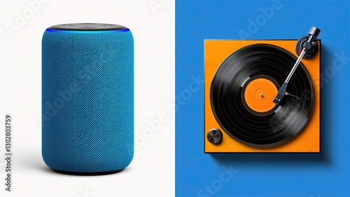 A vibrant blue smart speaker and a classic orange and black turntable create a contrast between modern and retro styles. old vs new generation, sound evolution photo