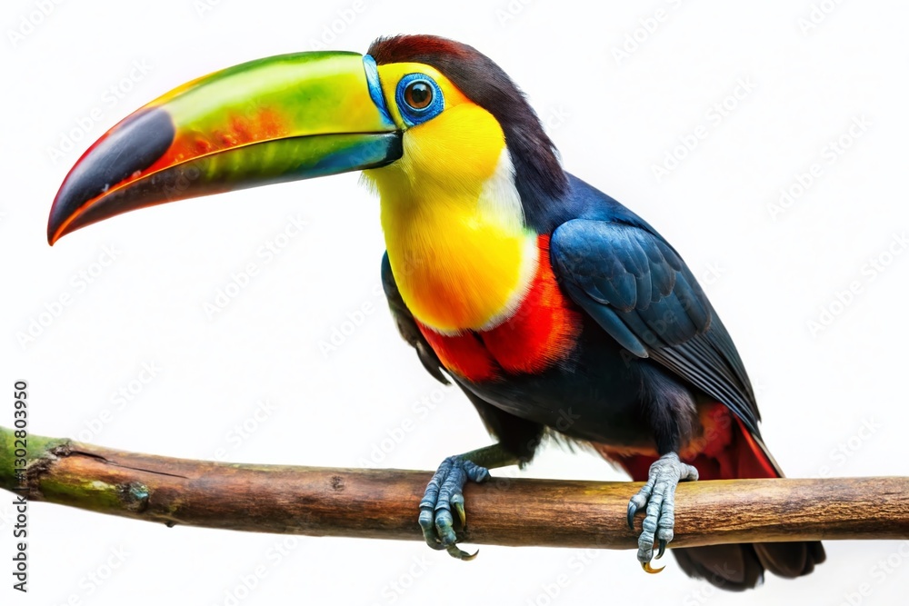 Obraz premium Vibrant Toucan with Huge Beak, Isolated on White Background - Stock Photo