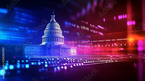 financial data, government building. A vibrant digital representation of a government building, illuminated with colorful lights, conveying a modern and dynamic atmosphere.