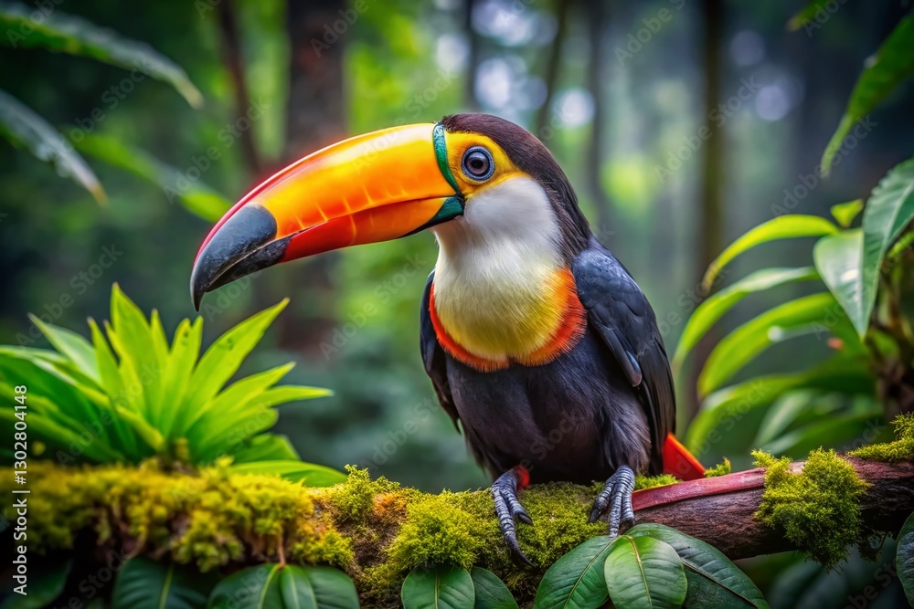Fototapeta premium Vibrant Tucan in Rainforest Habitat: A Documentary Wildlife Photo