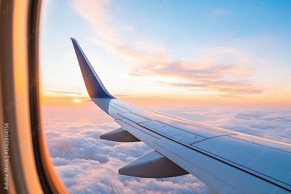Obraz premium Airplane window view of sunset over clouds. Possible use travel stock photo