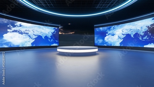 Empty TV studio set with large screens displaying world maps.  Possible use for broadcasting