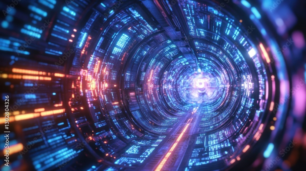 Futuristic tunnel illuminated with vibrant neon lights, creating a sense of depth and motion Futuristic tunnel illuminated with vibrant neon lights, creating a sense of depth and motion