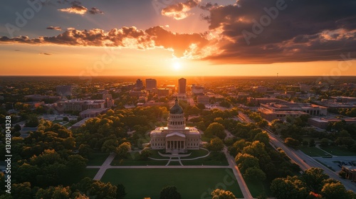 Dramatic Aerial Capture of Springfield Skyline with Illinois State Capitol Dome at Sunset photo