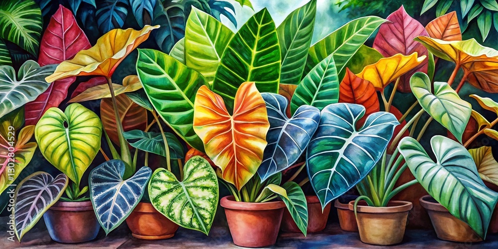 Naklejka premium Vibrant Watercolor Alocasia Collection: Botanical Art Study