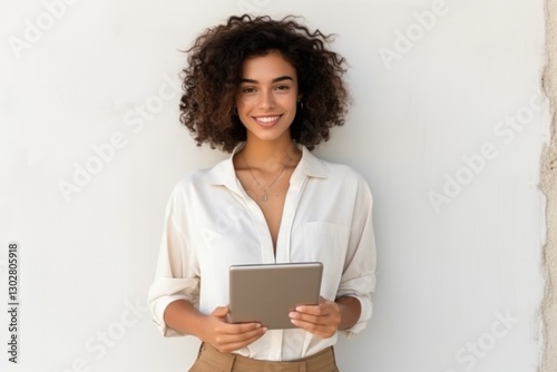 Wallpaper Mural Young woman holding tablet by white wall Torontodigital.ca