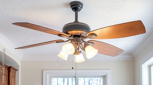 A ceiling fan is an electrically powered mechanical device suspended from the ceiling, using hub-mounted rotating blades to circulate air within a room