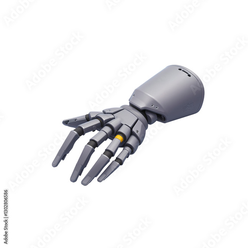 A high - resolution image of a modern robotic hand prosthesis in a gray color scheme with a distinctive yellow element
