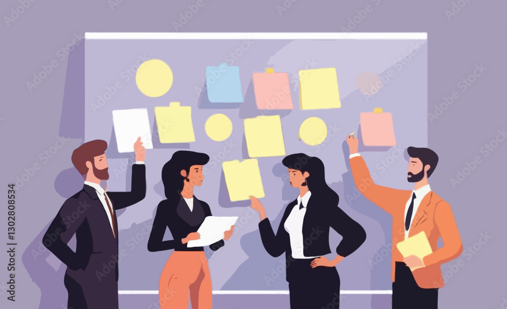Business Workshop Concept. Vector cartoon illustration of a close-up group of diverse people standing near a board with sticky notes and discussing an idea. Isolated on background. Business Workshop Concept. Vector cartoon illustration of a close-up group of diverse people standing near a board with sticky notes and discussing an idea. Isolated on background.