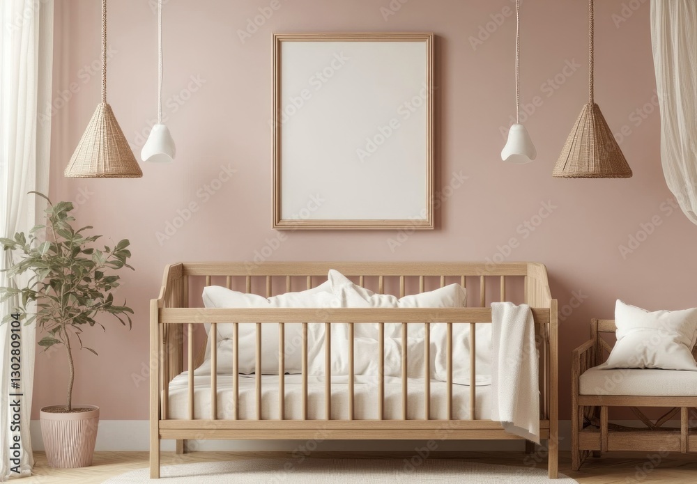 Nursery room interior with crib, poster mockup, and natural decor. Nursery room interior with crib, poster mockup, and natural decor.