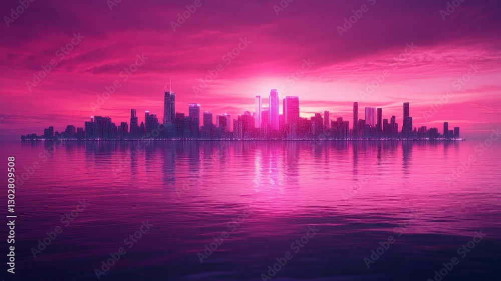 Obraz premium Vibrant sunset over a city skyline reflecting on calm waters, creating a serene atmosphere