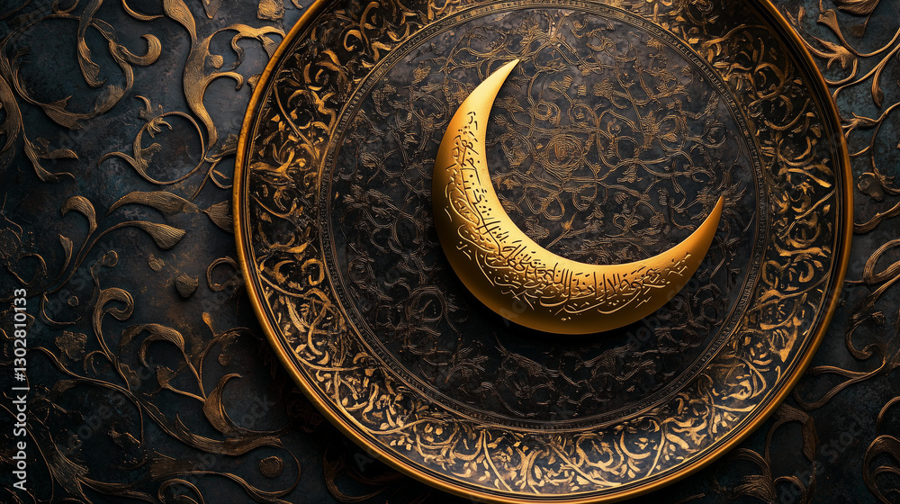 Fototapeta premium Golden crescent moon resting on an ornate plate with traditional Islamic calligraphy-inspired patterns