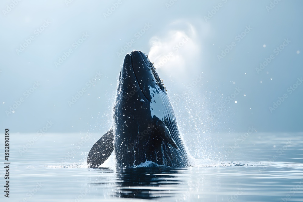Fototapeta premium Majestic Whale Breaching Ocean Surface with Water Spray
