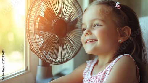 A little girl enjoying the refreshing air from a fan at home during the summer heat