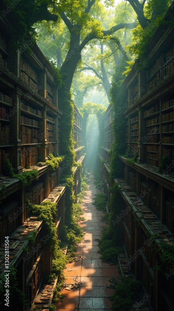 Abandoned Library: Aerial Perspective of Overgrown Shelves with Vines and Moss Abandoned Library: Aerial Perspective of Overgrown Shelves with Vines and Moss