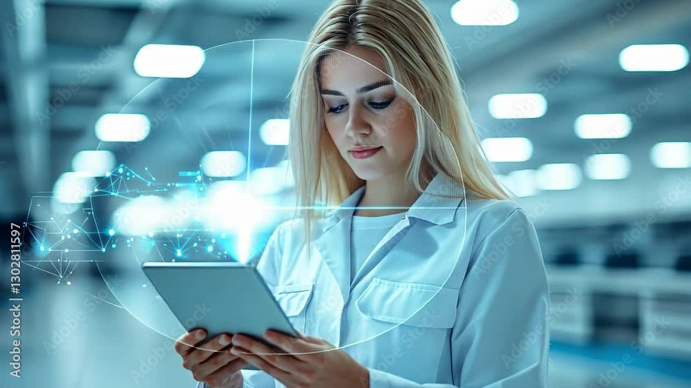 Tech Savvy Scientist: A focused female scientist immersed in data analysis, meticulously examining a tablet screen within a modern industrial laboratory setting.