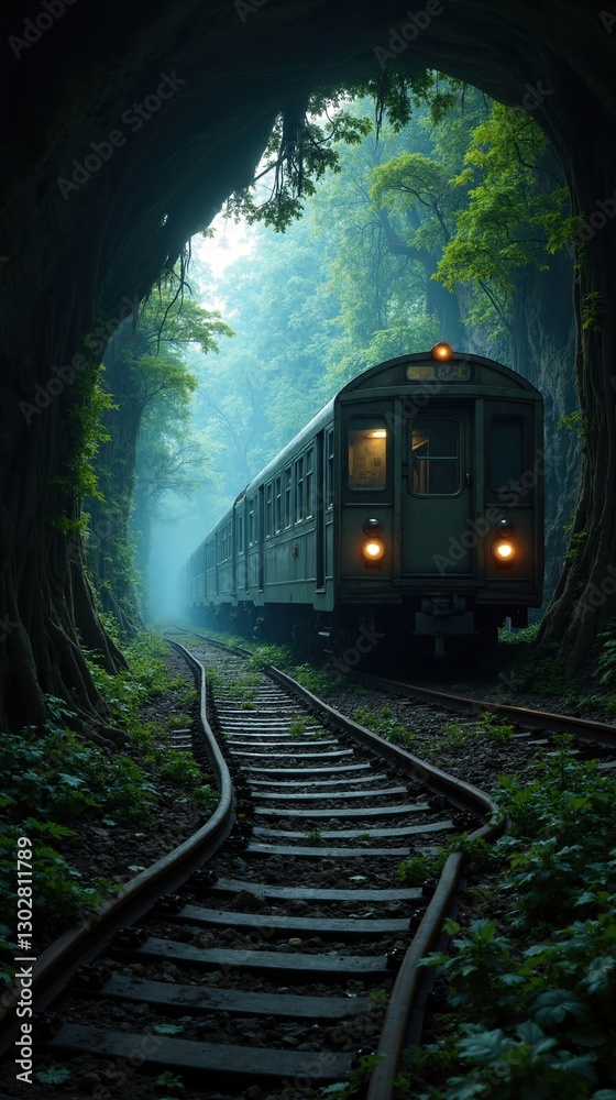 Naklejka premium Abandoned Subway Train Tunnel: Overgrown with Jungle-like Vegetation, Glowing Fungi, and a Hollow Echo of Rhythmic Tapping on Tracks