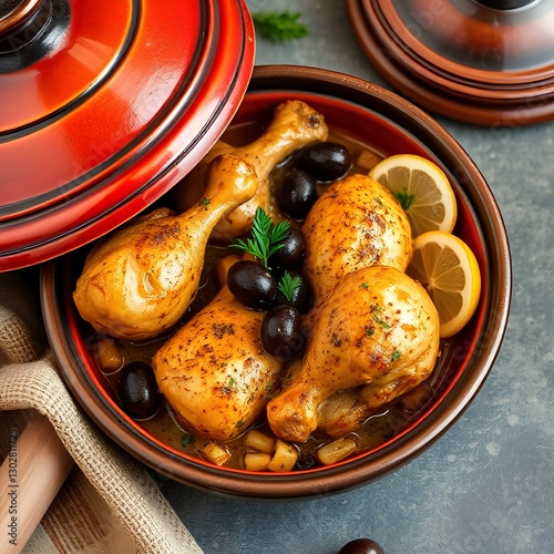 Traditional Moroccan chicken tagine with olives and salted lemons