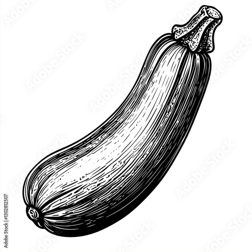 Zucchini, engraving and scratch board style sketch, black and white illustration