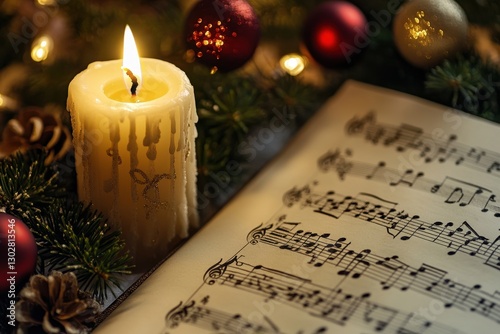 Close-Up of Songbook Featuring Festive Christmas Carols Surrounded by Candles and Holiday Decorations