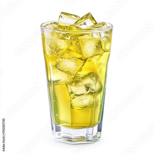 Refreshing Yellow Drink with Ice Cubes in a Glass Close Up View on a White Background for Summertime
