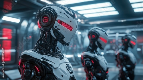 A futuristic, humanoid robot with glowing blue eyes and a sleek,
