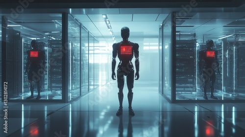 A futuristic, humanoid robot with glowing blue eyes and a sleek,