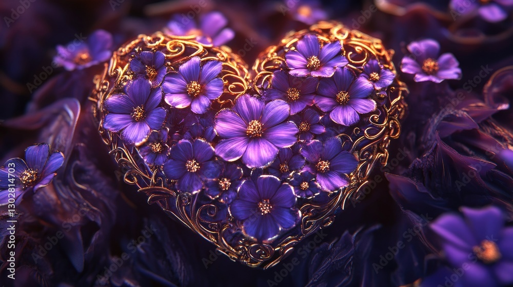 Ornate design featuring the word Love surrounded by intricate swirls and clusters of purple flowers, Ornate design featuring the word Love surrounded by intricate swirls and clusters of purple flowers,