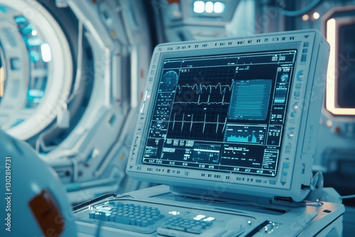 Fototapeta Naklejka Na Ścianę i Meble -  Futuristic medical monitor displaying vital signs in a high tech space environment, suitable for science fiction themes and digital innovations