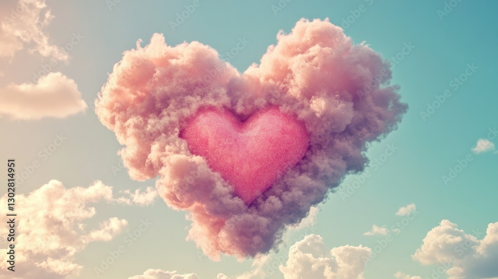 A whimsical, heart-shaped cloud filled with soft pink and blue swirls floats against a vibrant sky, A whimsical, heart-shaped cloud filled with soft pink and blue swirls floats against a vibrant sky,