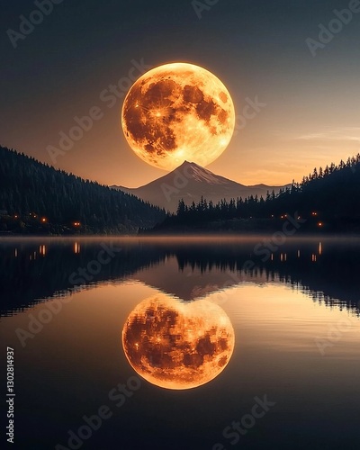 Lunar eclipse shadow cosmic moon. A stunning landscape featuring a large, glowing moon reflecting on a serene lake, surrounded by mountains and evergreen trees, evoking tranquility and beauty.