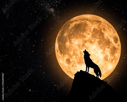 Lunar eclipse shadow cosmic moon. A silhouetted wolf howls atop a rocky outcrop under a large, luminous full moon, surrounded by a starry night sky.
