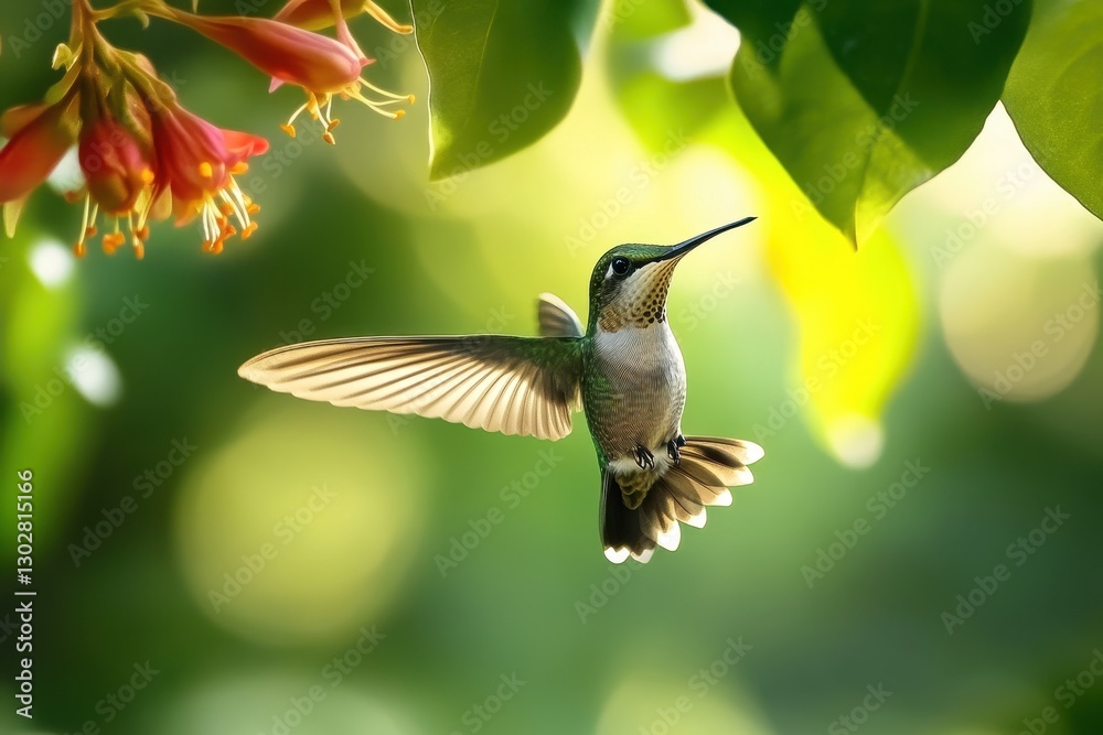 Fototapeta premium Colorful Colibri in Flight: Vibrant Hummingbird Surrounded by Nature's Beauty