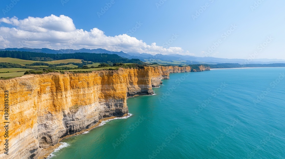 Majestic cliff overlooking the ocean with waves crashing against the rocks under a clear sky Majestic cliff overlooking the ocean with waves crashing against the rocks under a clear sky