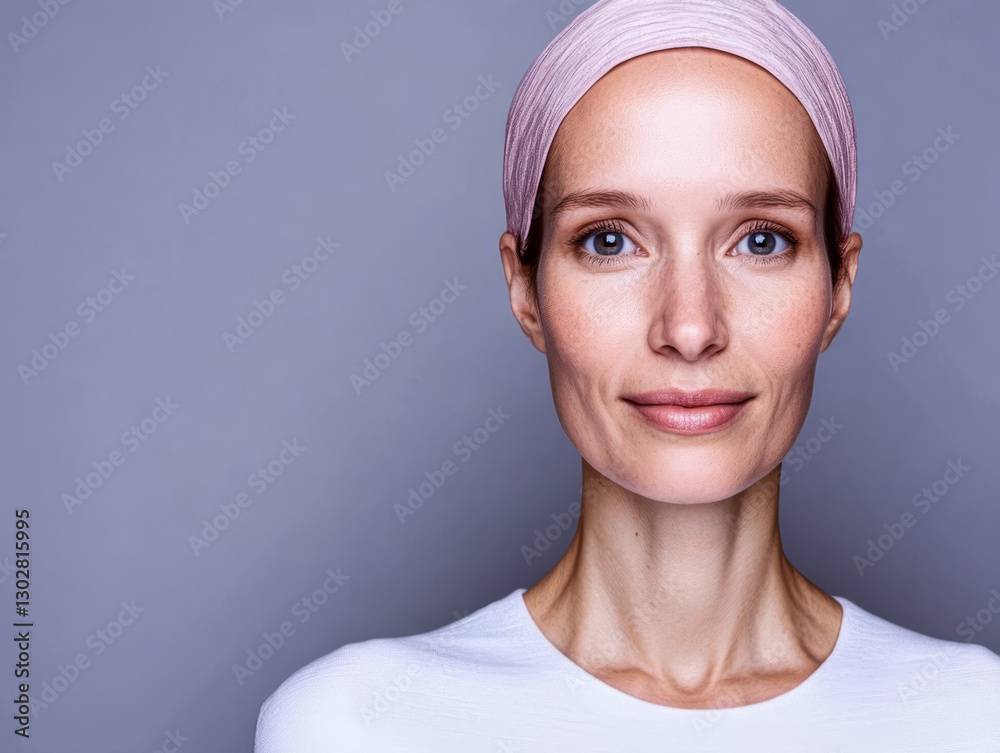 Confident woman with a headscarf smiling against a plain background in a studio setting Confident woman with a headscarf smiling against a plain background in a studio setting