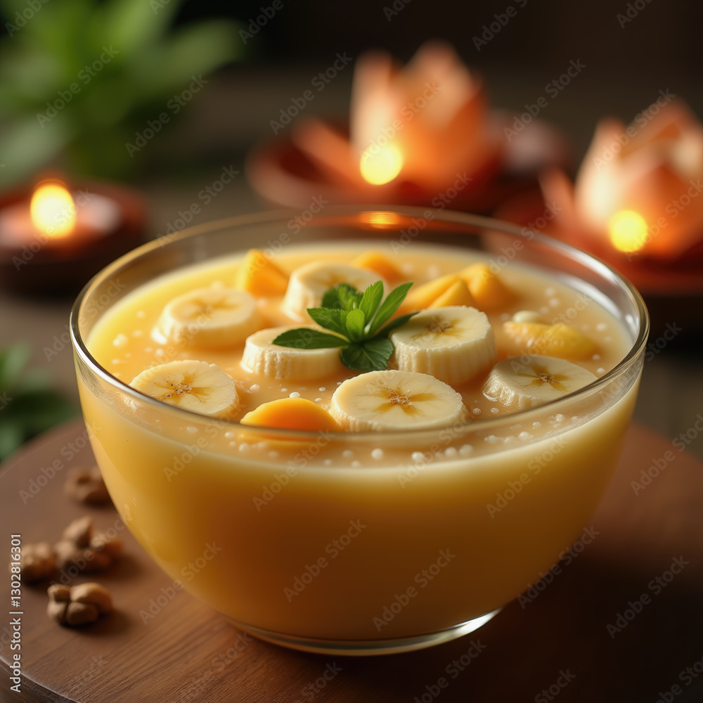 A refreshing bowl of tropical fruit salad features slices of banana and mango, garnished with mint leaves. Surrounding the bowl are glowing candles and blooming flowers in soft light A refreshing bowl of tropical fruit salad features slices of banana and mango, garnished with mint leaves. Surrounding the bowl are glowing candles and blooming flowers in soft light