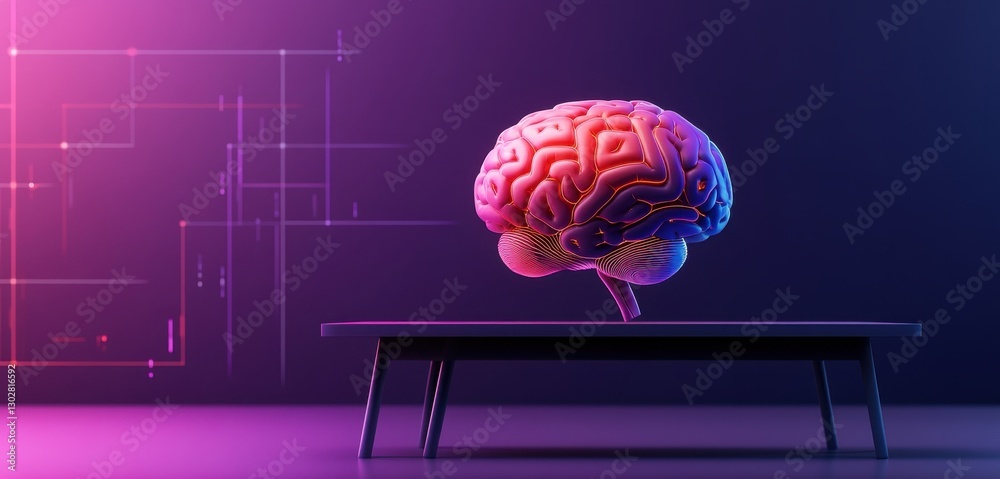 Digital ai background concept and artificial neural network technology process. Futuristic brain concept on a table with vibrant lighting. Digital ai background concept and artificial neural network technology process. Futuristic brain concept on a table with vibrant lighting.