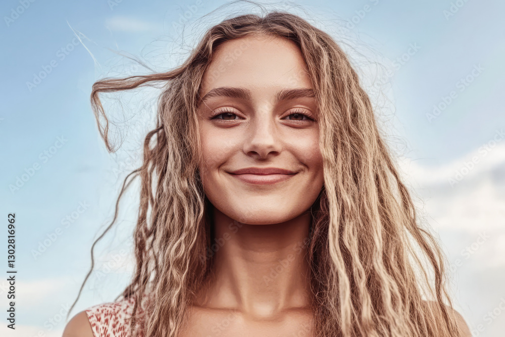 Smiling young woman with wavy hair enjoys a sunny day outdoors against a blue sky Smiling young woman with wavy hair enjoys a sunny day outdoors against a blue sky