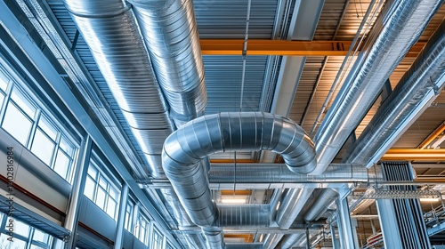 Silver-insulated ventilation pipes hanging from the ceiling of a newly constructed building