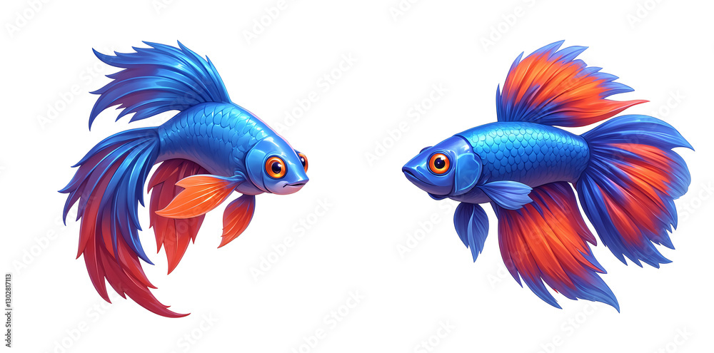 Obraz premium Vibrant blue and red betta fish with flowing fins on a white background