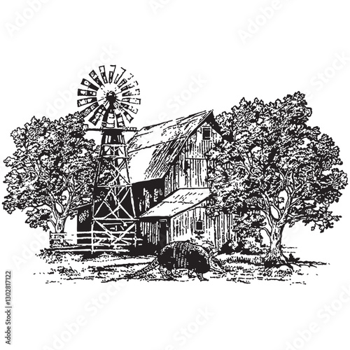 Vintage Farmhouse with Windmill – Black and White Engraving Illustration