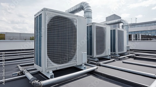 The external unit of a commercial air conditioning and ventilation system, installed on the rooftop of an industrial facility, with an exhaust vent visible on the flat factory roof