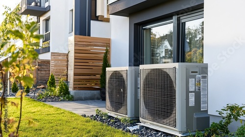 Two air source heat pumps installed outside a newly built city house, promoting green and renewable energy