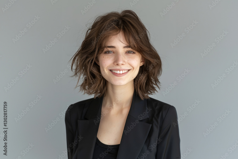 Her black attire, set against a white background, showcases a respectful and poised style ideal for formal settings. Her black attire, set against a white background, showcases a respectful and poised style ideal for formal settings.