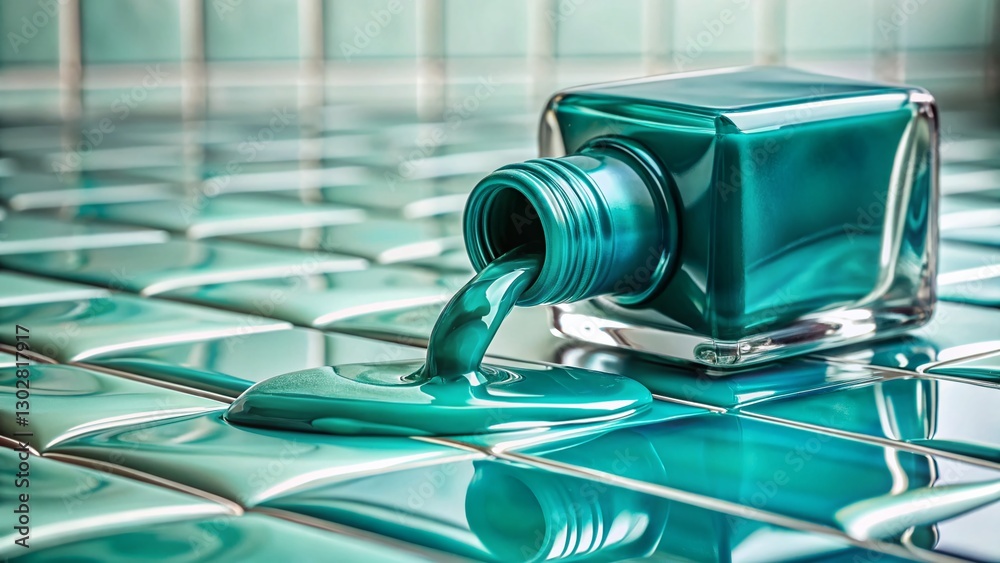 Obraz premium Vivid Teal Nail Polish Pour: Abstract Liquid Sculpture on White Tile