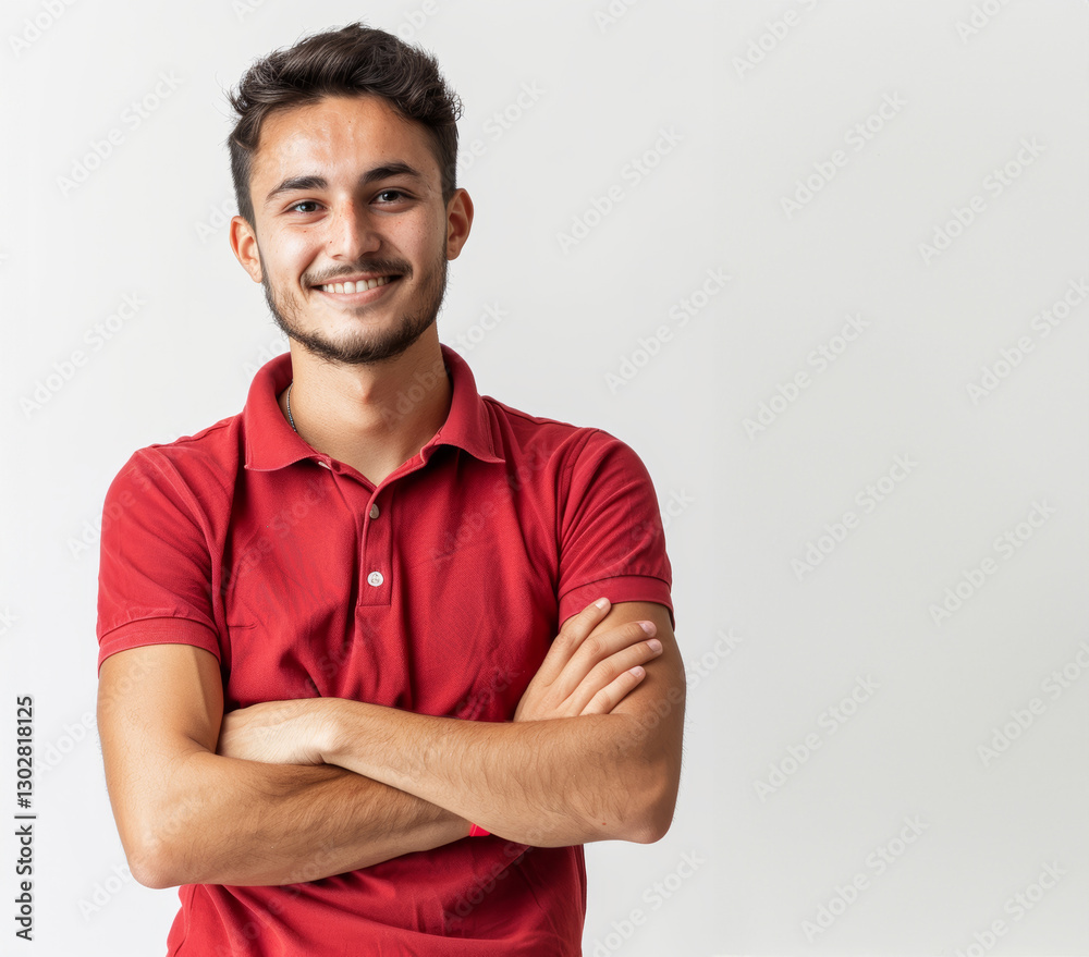 Obraz premium a young Caucasian teen in neat attire on a white gray background captures a blend of professionalism and casual confidence.